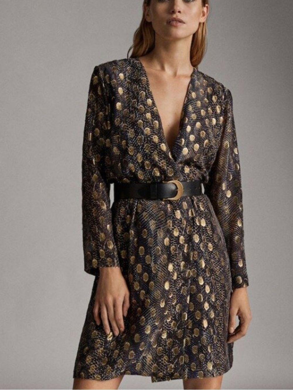 Massimo Dutti Print Wrap Dress with Gold Dot Detail size 8